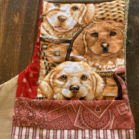 Christmas Stocking Quilted Patchwork Fabric Dog Puppies NEW 18” Handmade - Picture 2 of 5